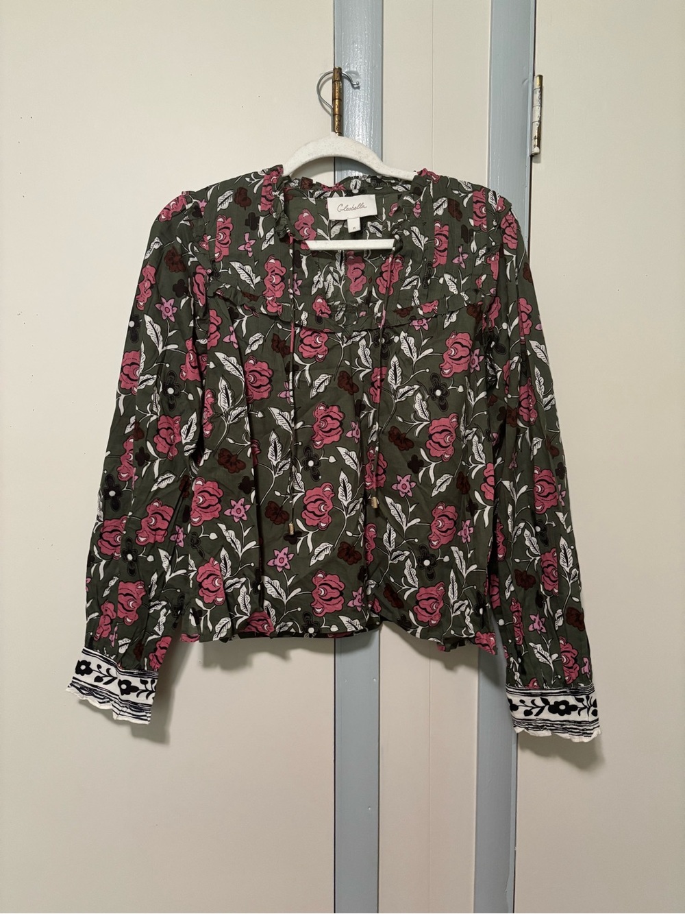 Olive Green Floral Button-Front Blouse with Pink Roses
